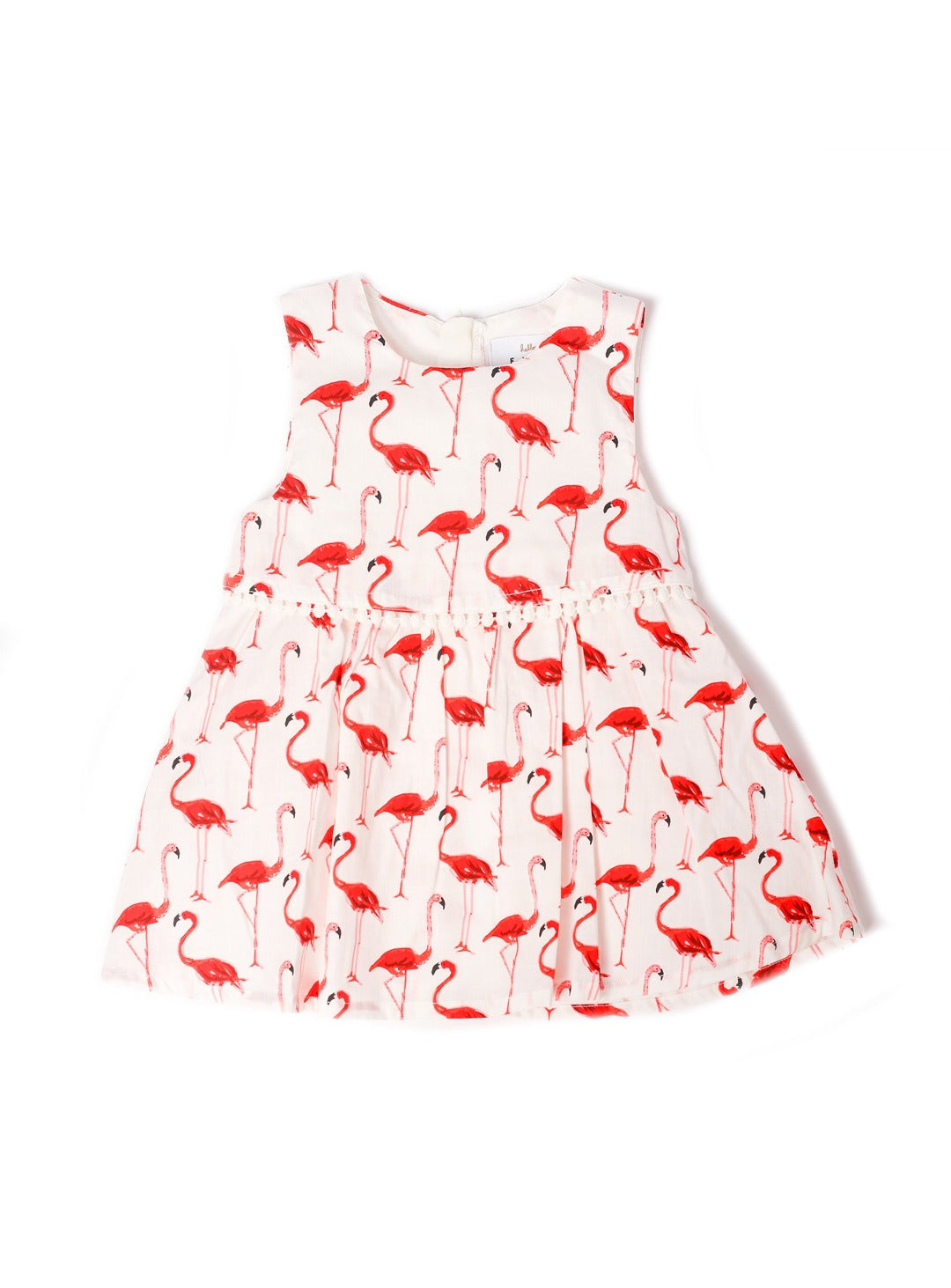 white sleeveless dress with red flamingo pattern