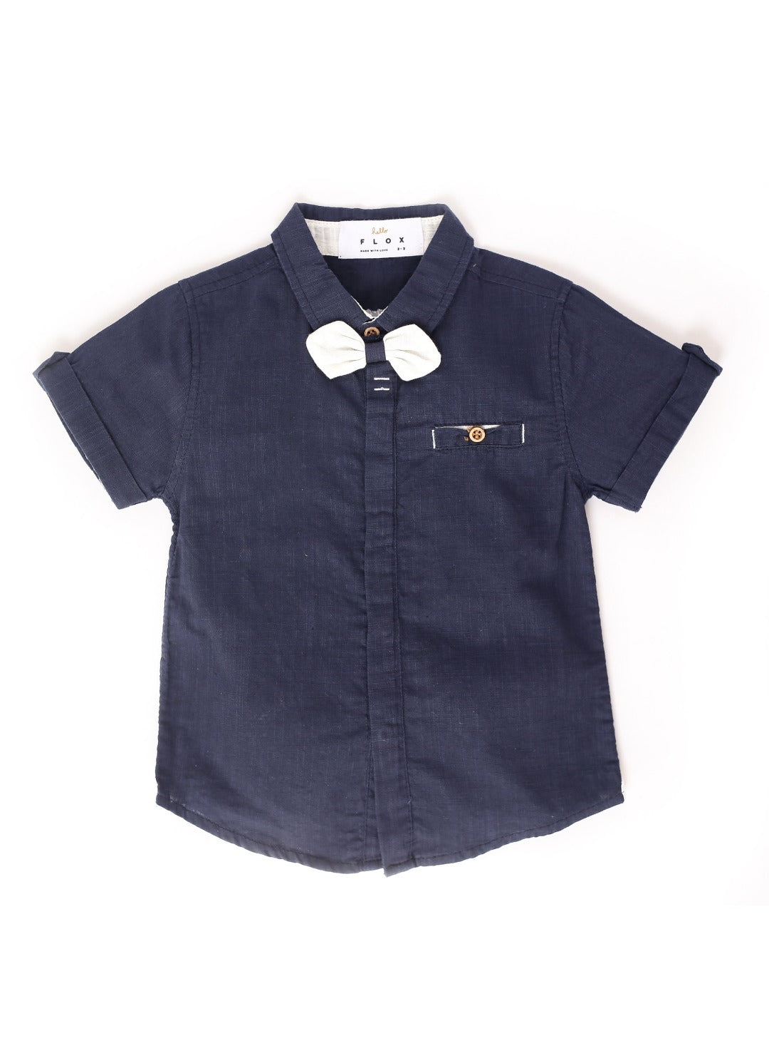 navy blue collared shirt with white bow tie