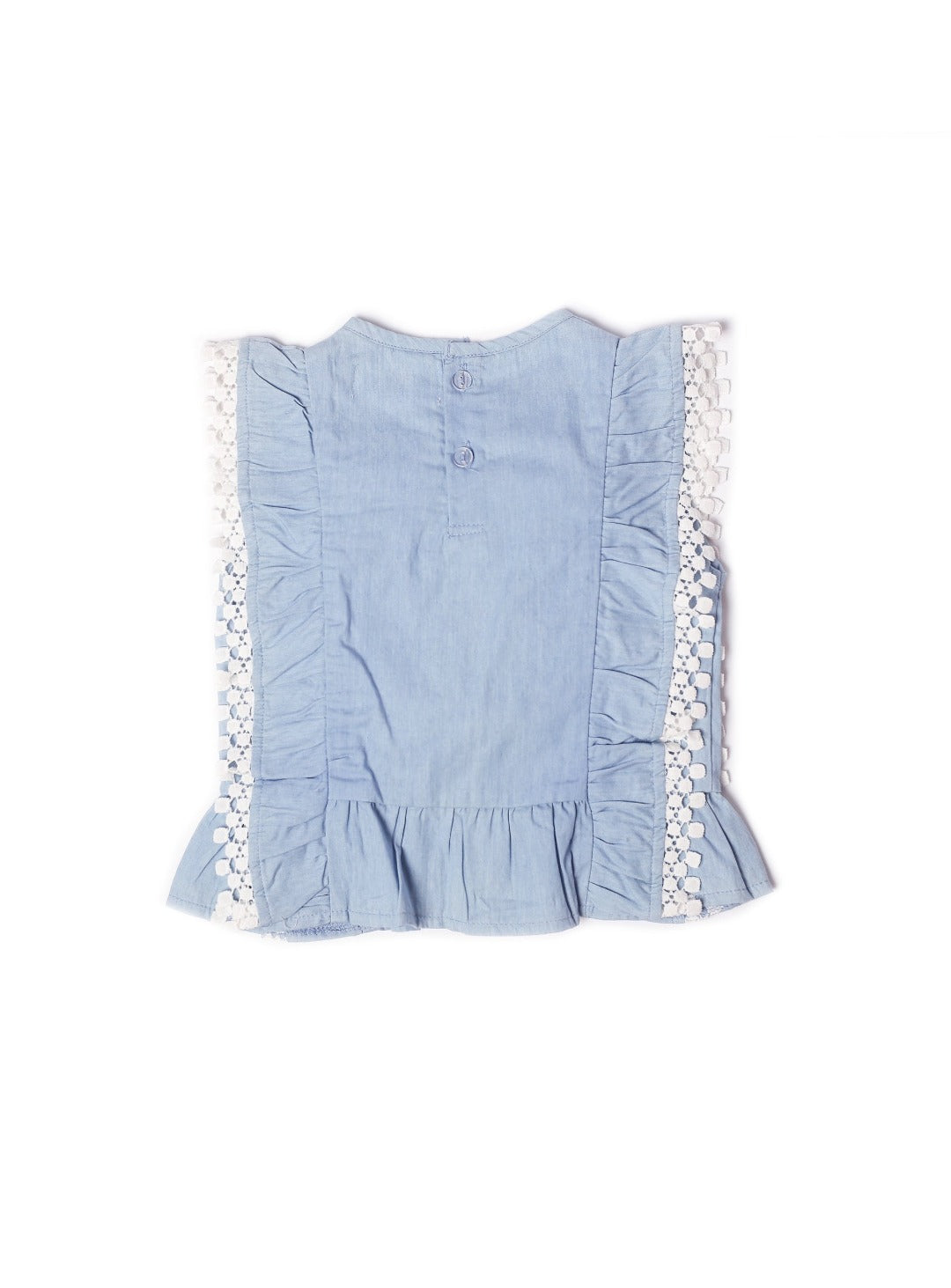 washed blue denim sleeveless top with lace fringe