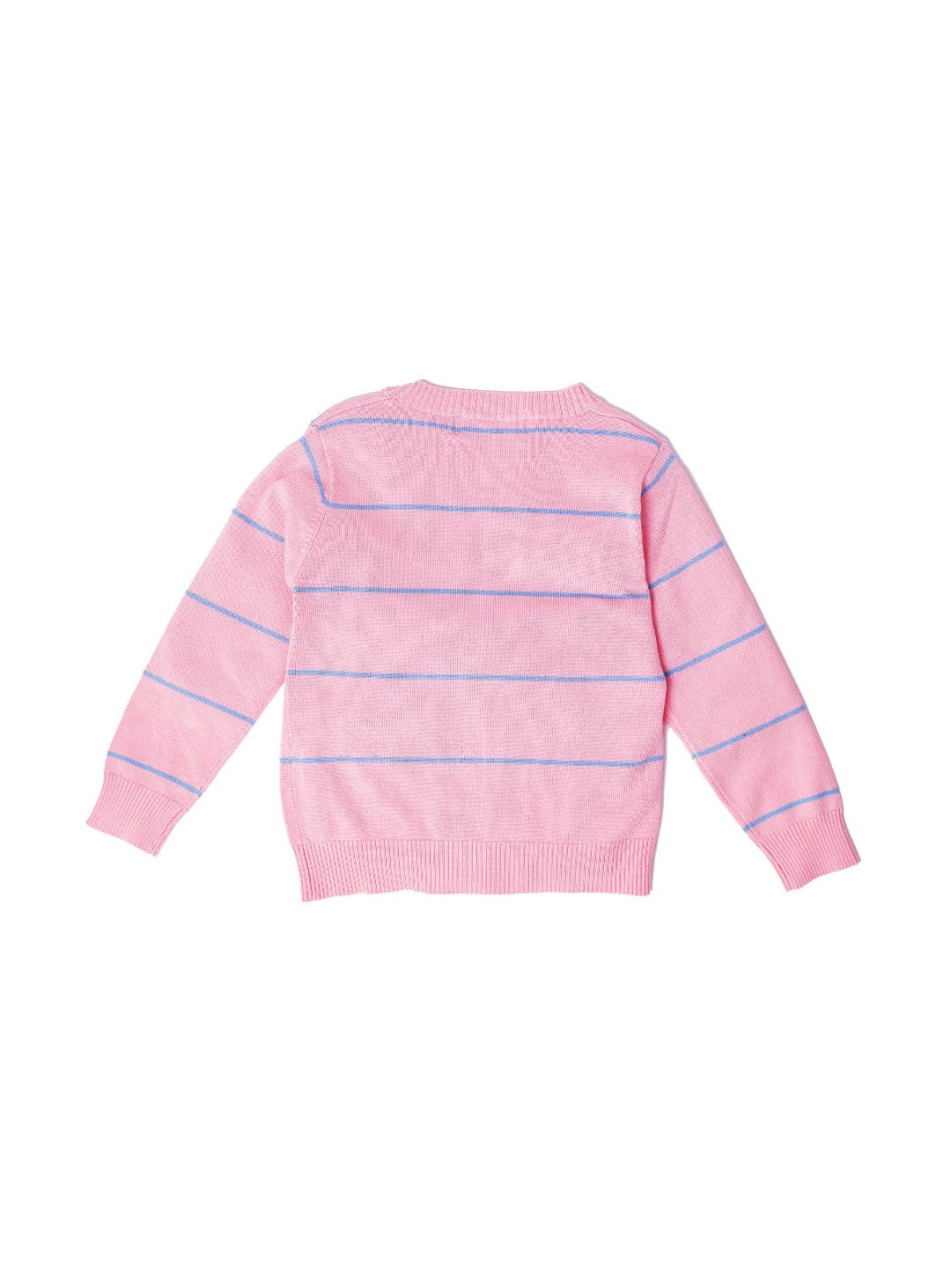 bubblegum pink cardigan with powder blue stripes