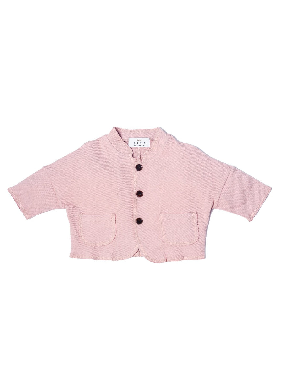 rose pink cardigan with black buttons