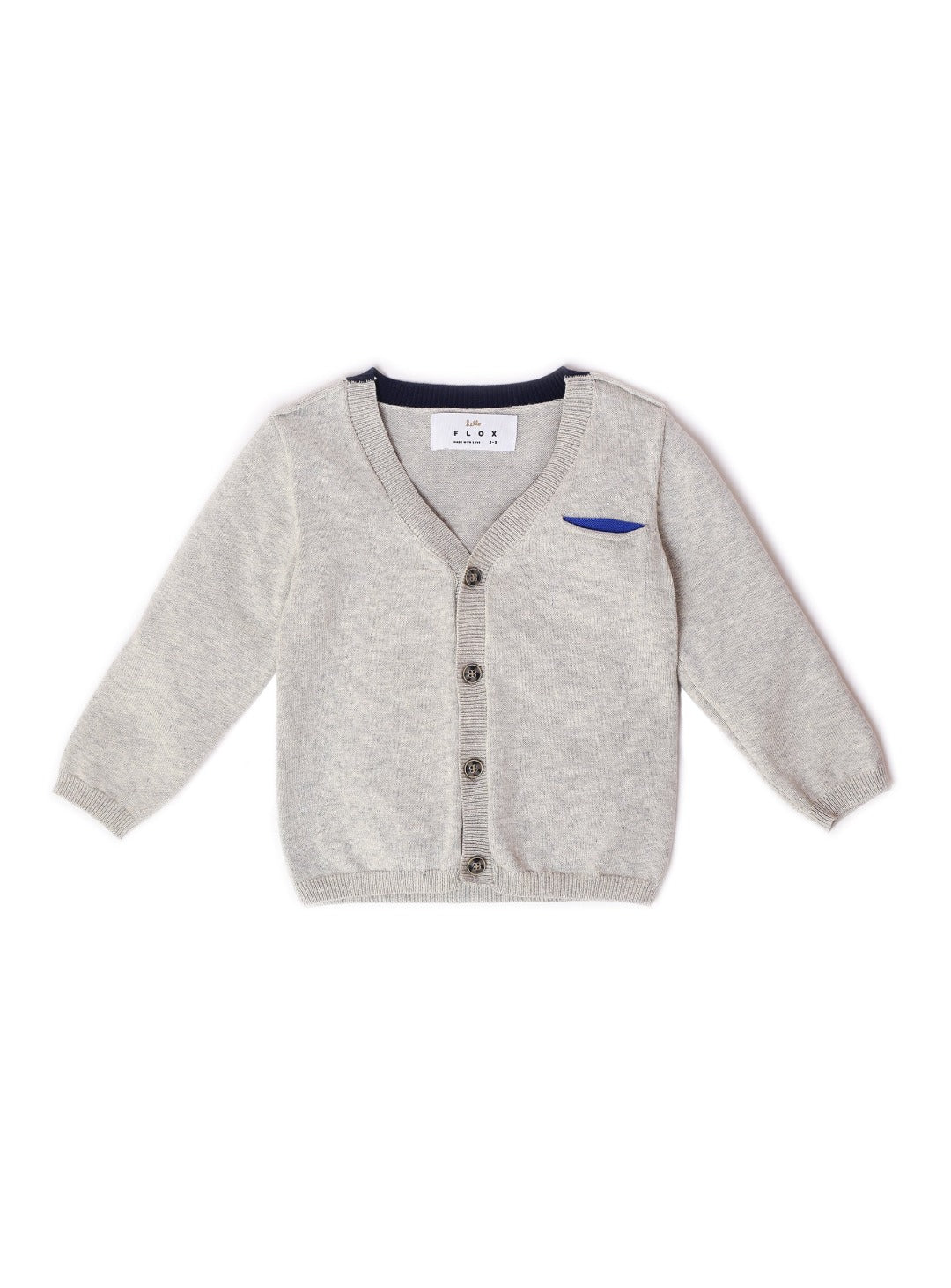 light gray cardigan with elbow patch accent