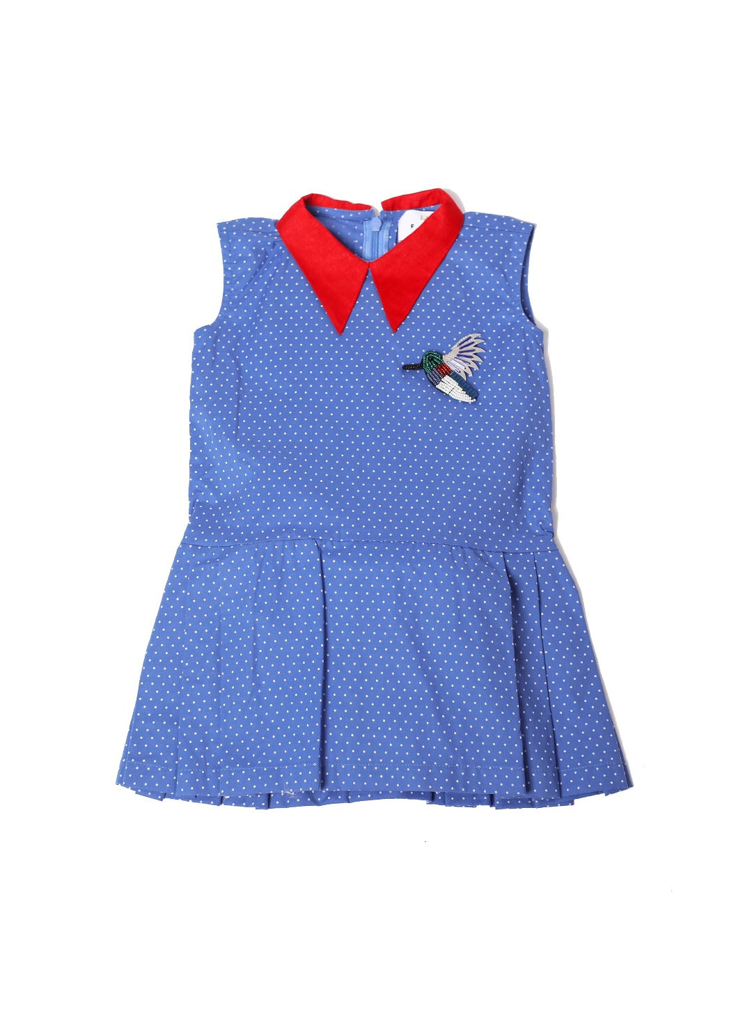 royal blue dress with contrasting red collar