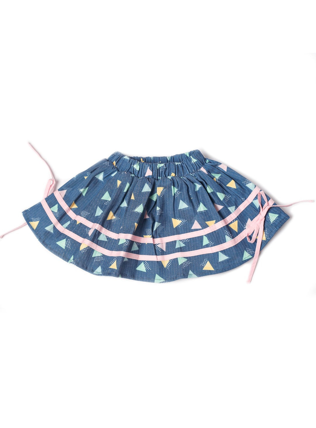 blue denim skirt with colourful triangle pattern