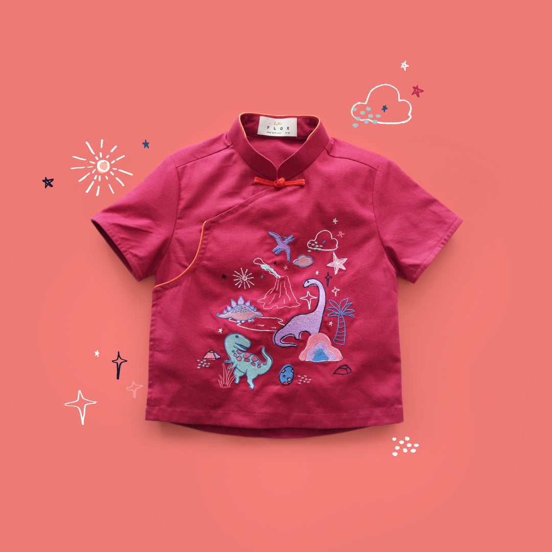 dinosaurs embroidered red hot lava cheongsam