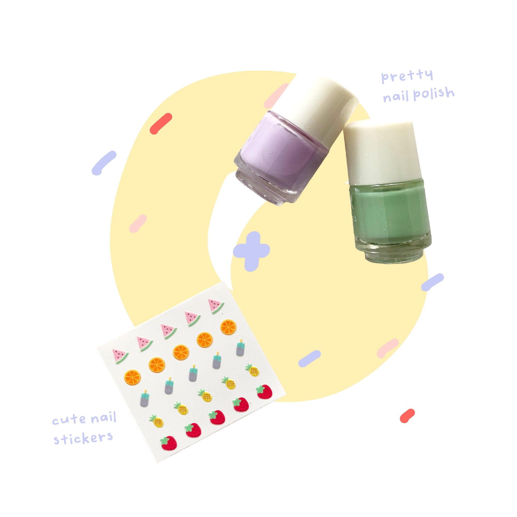 beauty kit - fruits nail sticker with powder pink and sage green nail polish