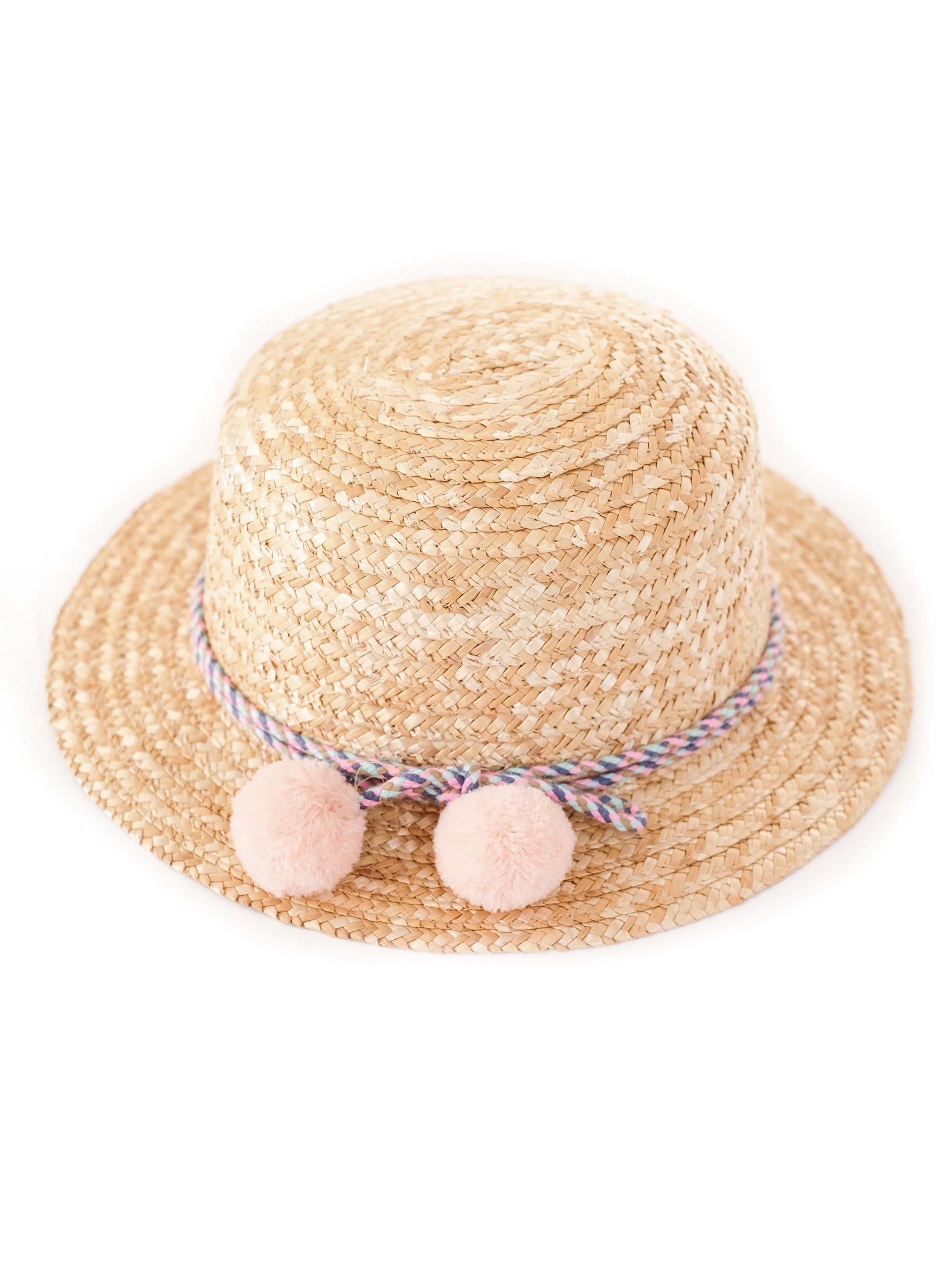 blush pink pastel pom pom with multicoloured pastel string bowler