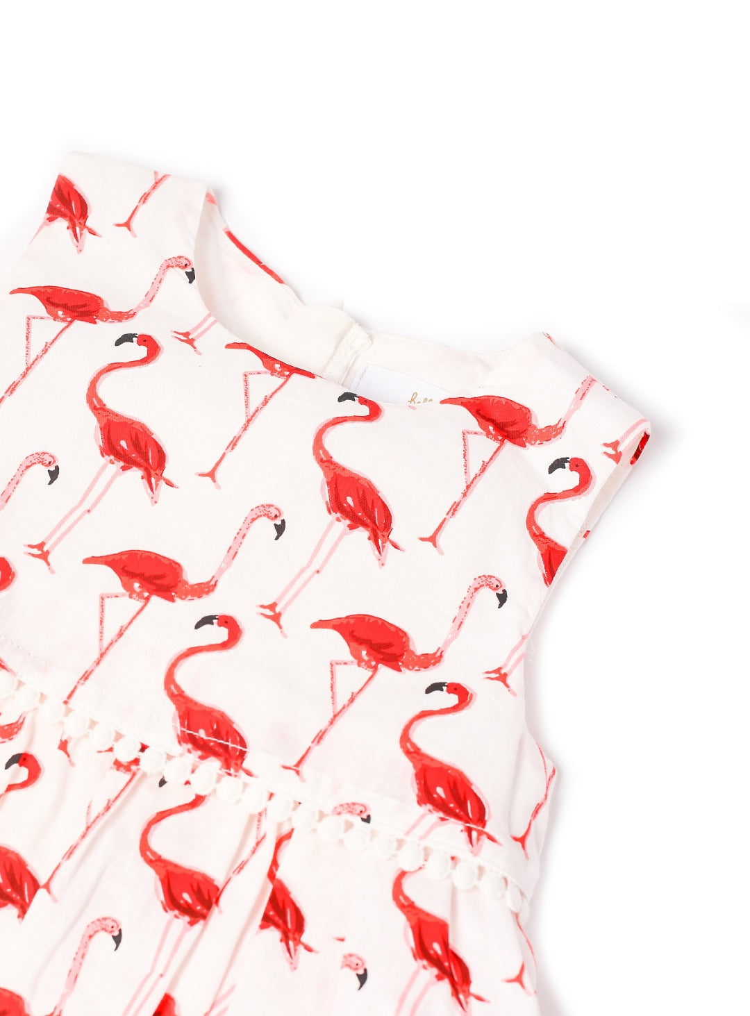 white sleeveless dress with red flamingo pattern