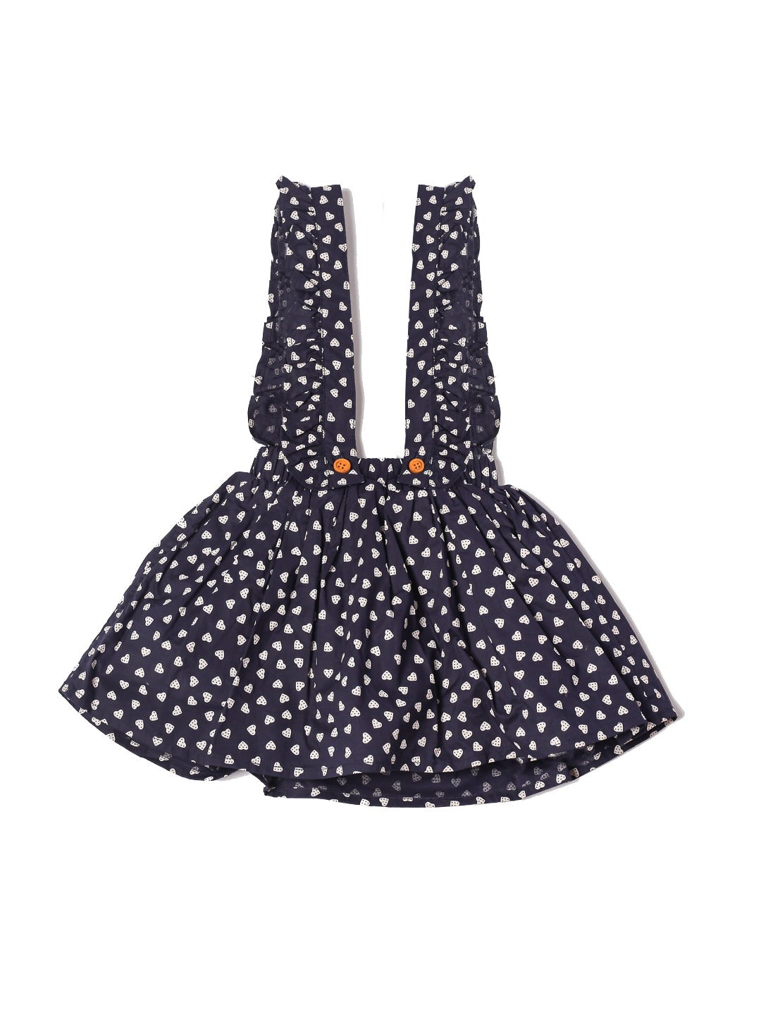 space blue overall with ruffles and white hearts pattern 