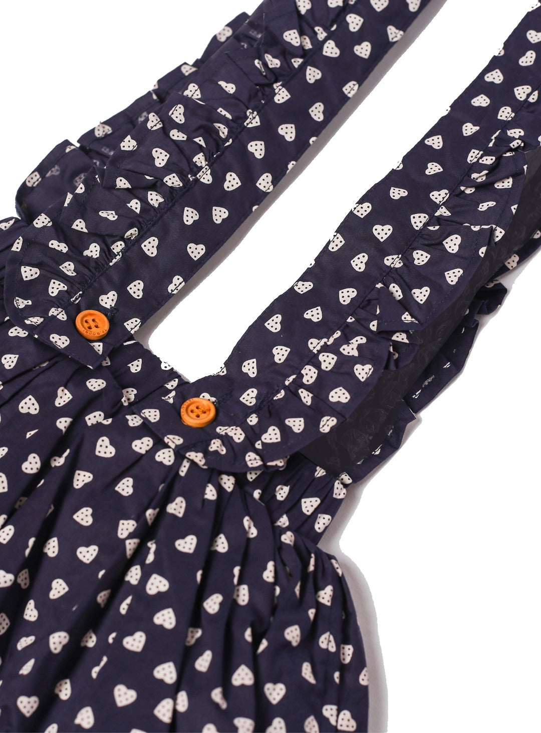 space blue overall with ruffles and white hearts pattern 