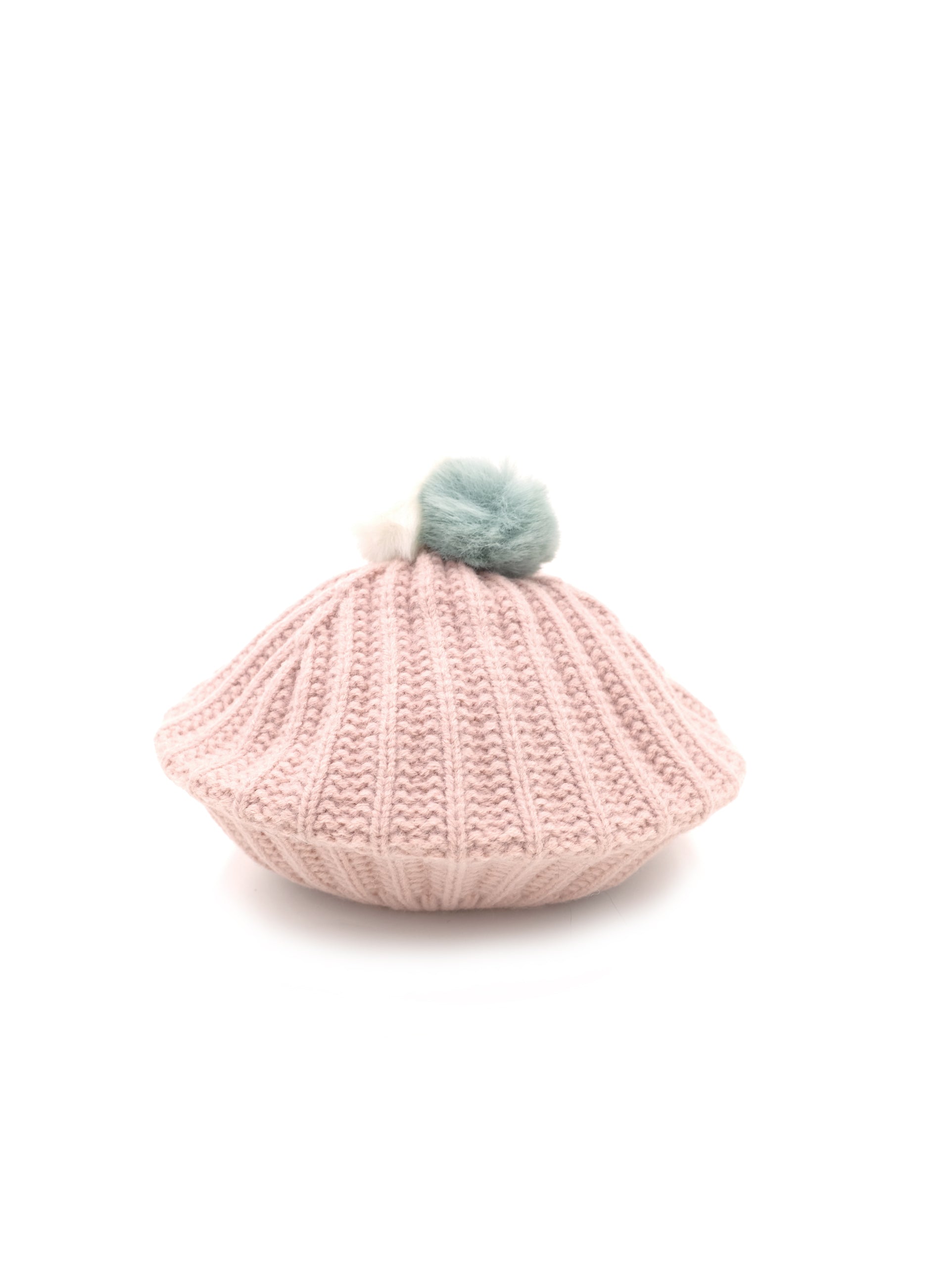 blush pink knitted beret with poms