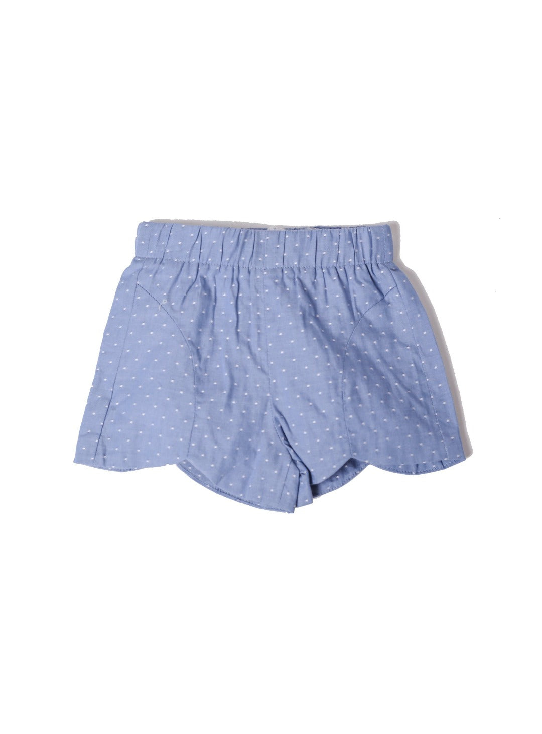 washed blue shorts with mini white dots