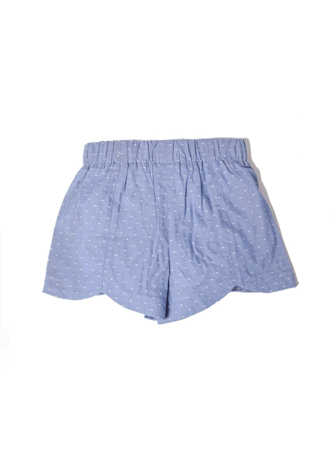 washed blue shorts with mini white dots