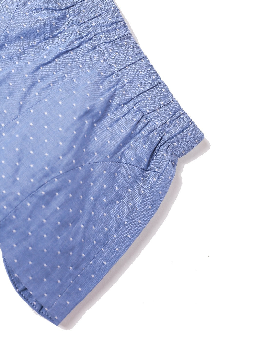 washed blue shorts with mini white dots