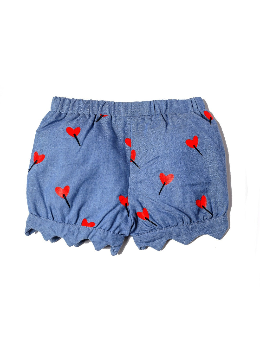 blue denim short with red heart print