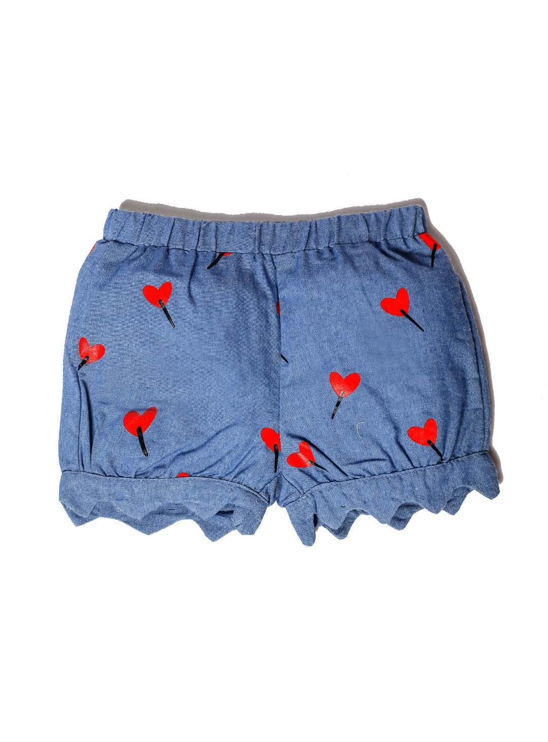 blue denim short with red heart print