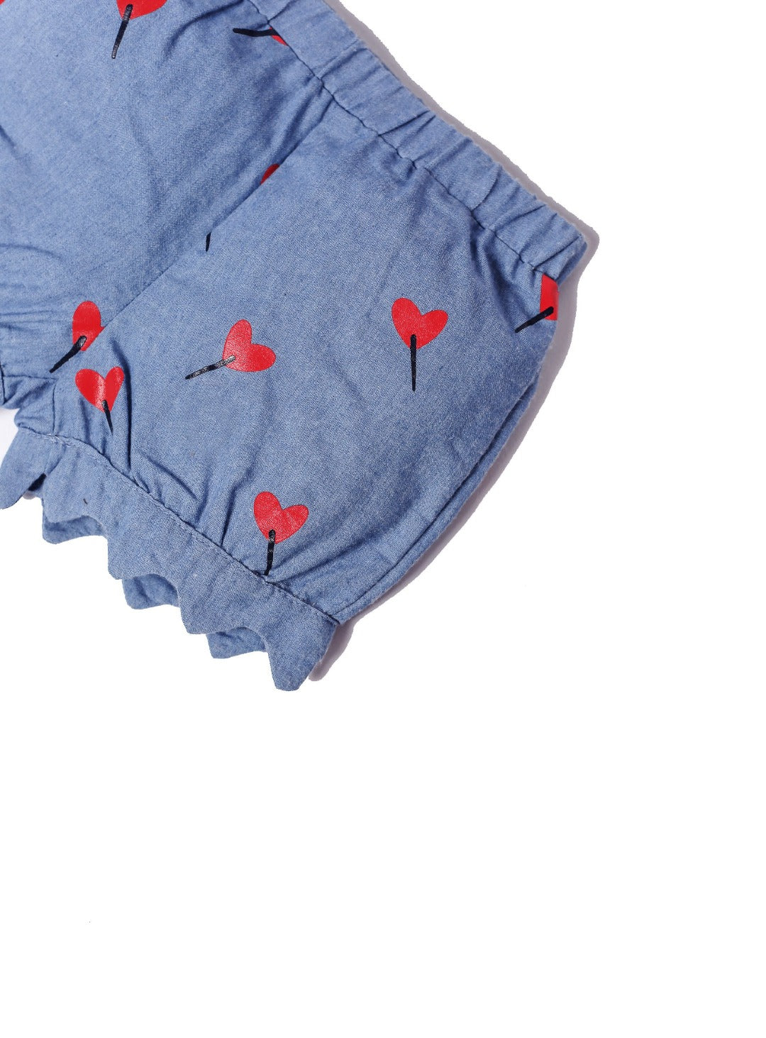 blue denim short with red heart print