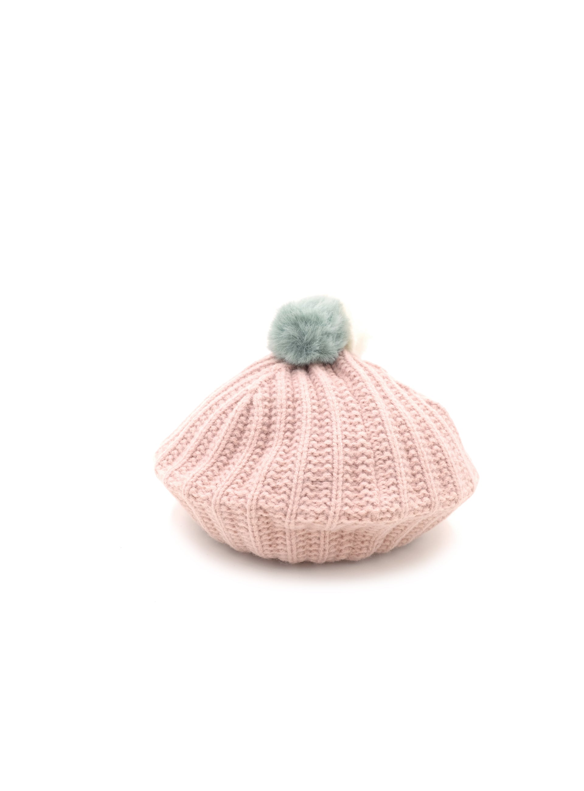 blush pink knitted beret with poms