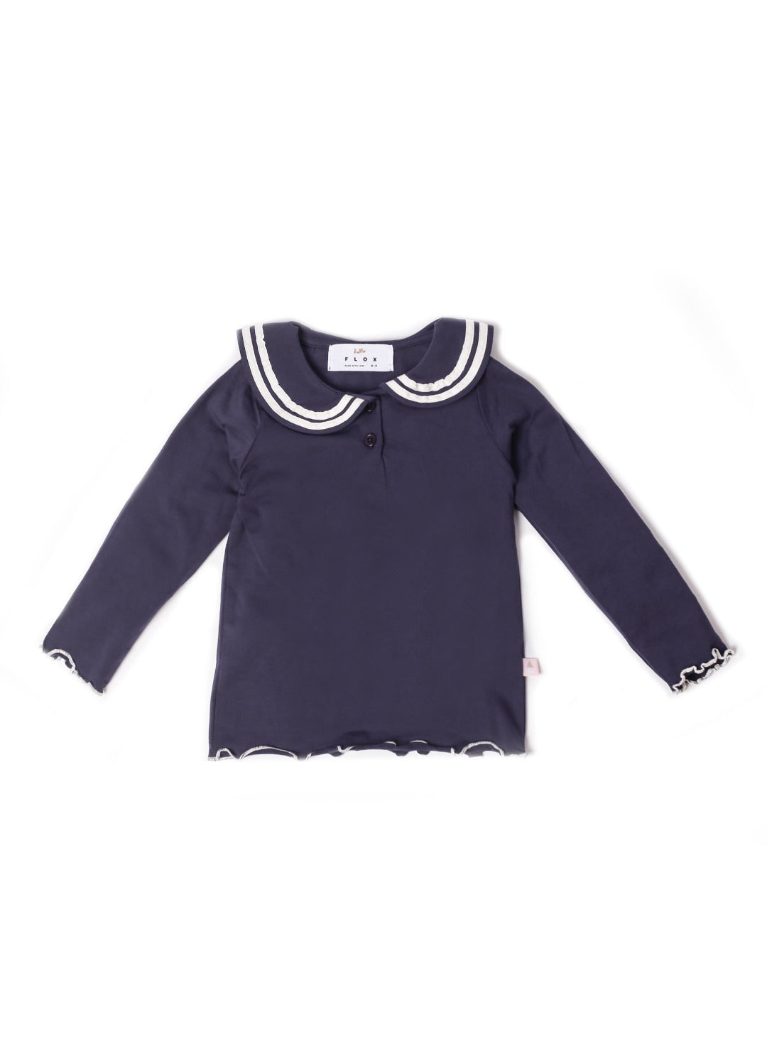 navy blue long sleeve top with peter pan collar