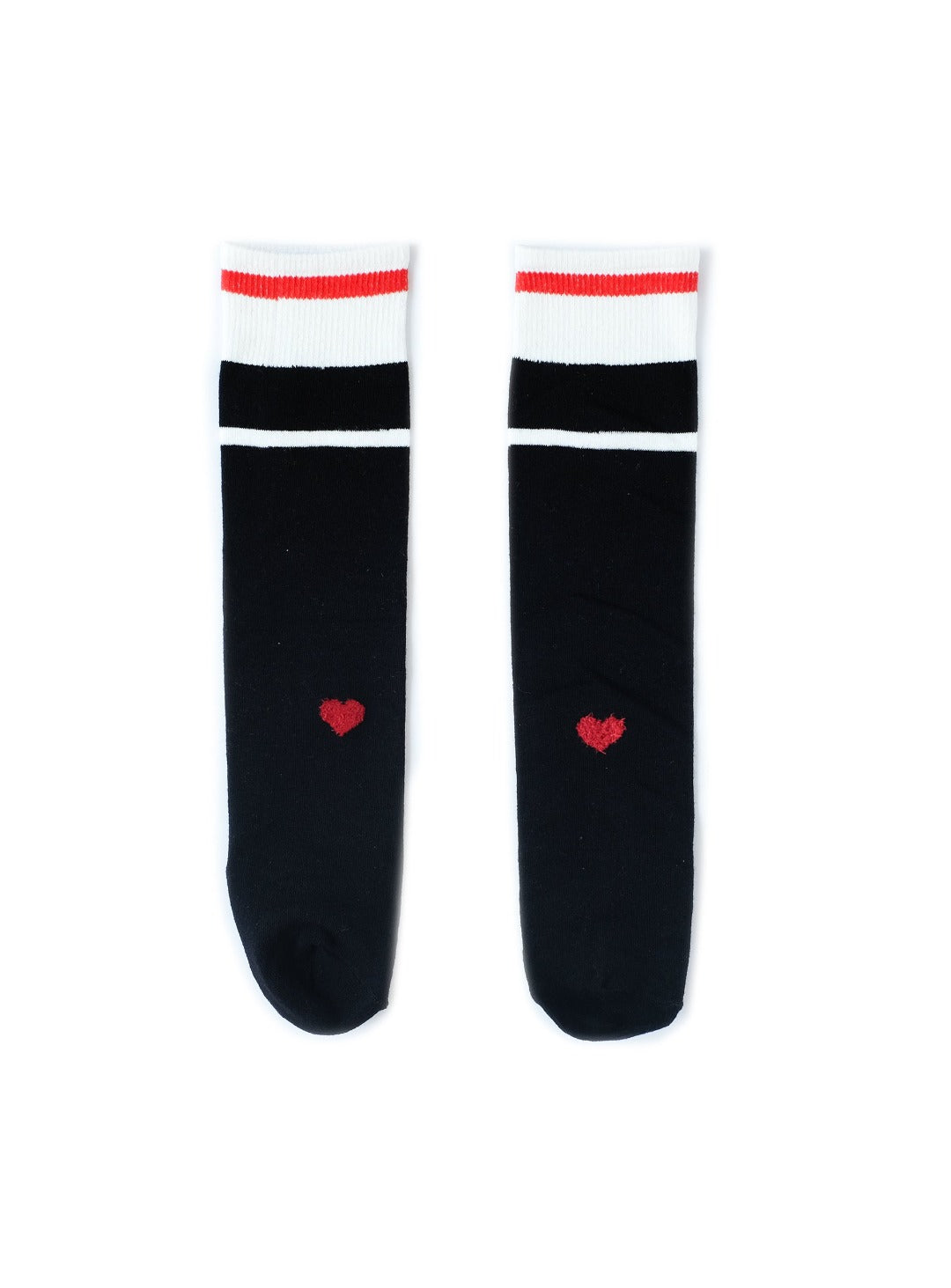 midi length black socks with white and red stripe