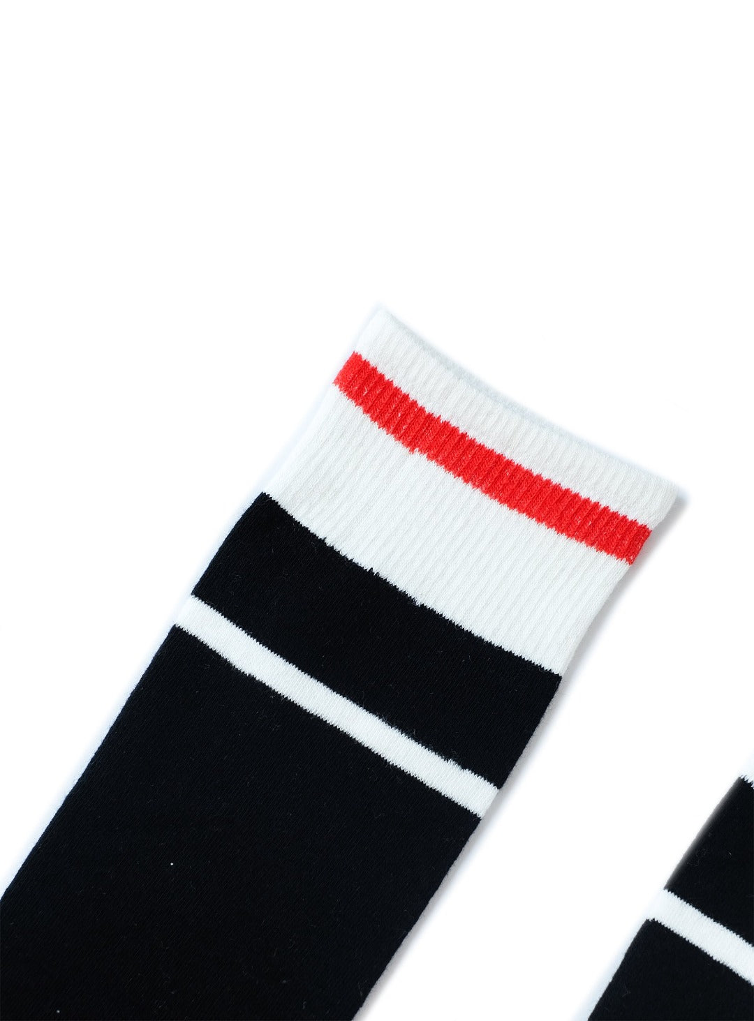 midi length black socks with white and red stripe
