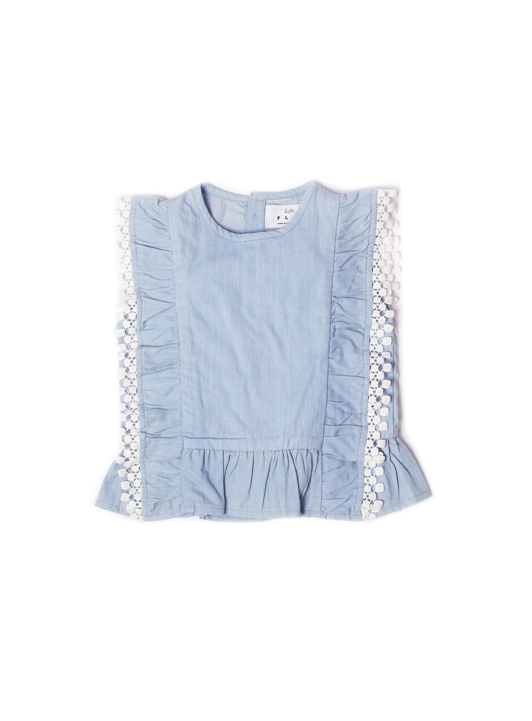 washed blue denim sleeveless top with lace fringe