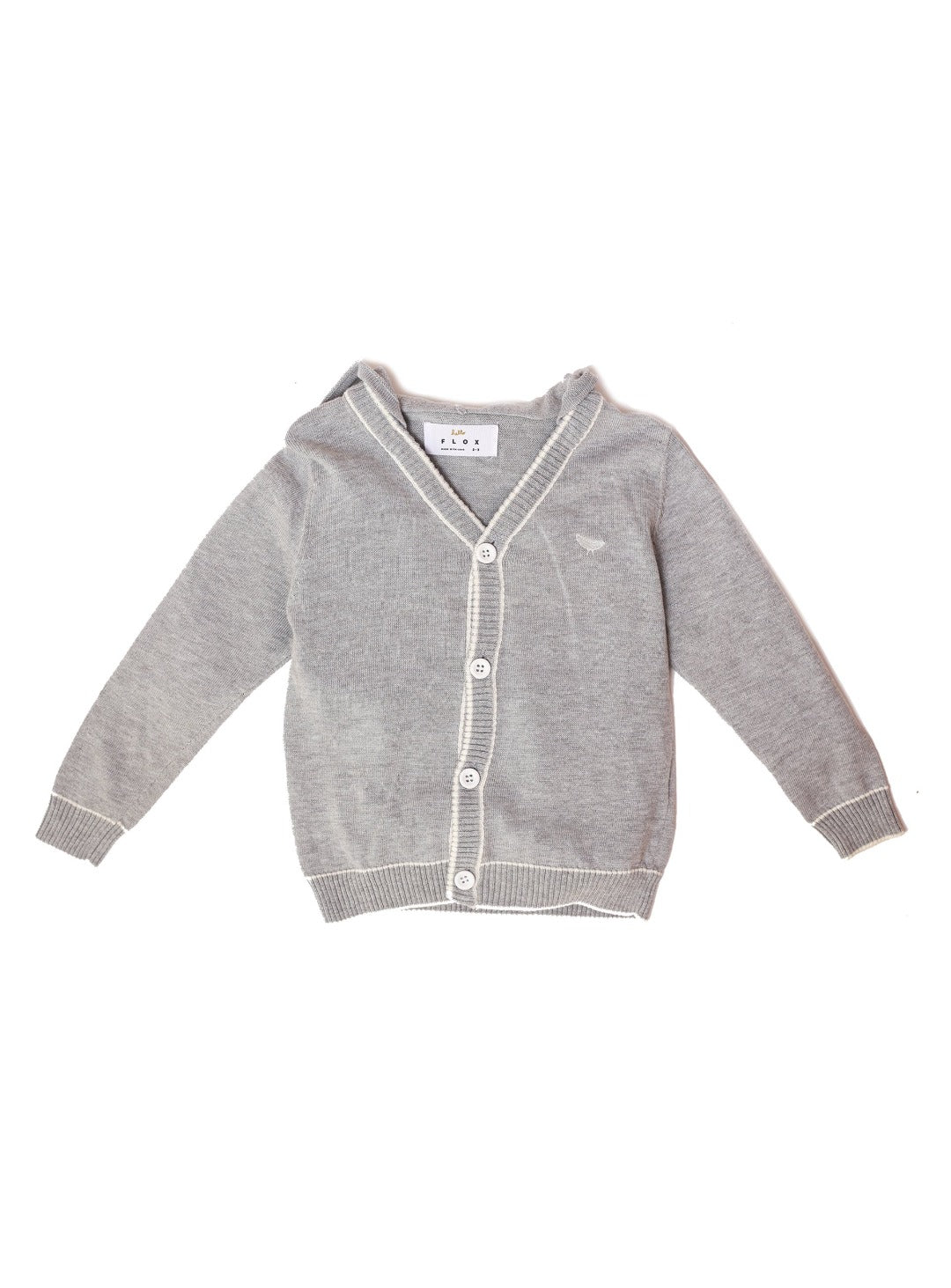 gray hooded cardigan with white buttons