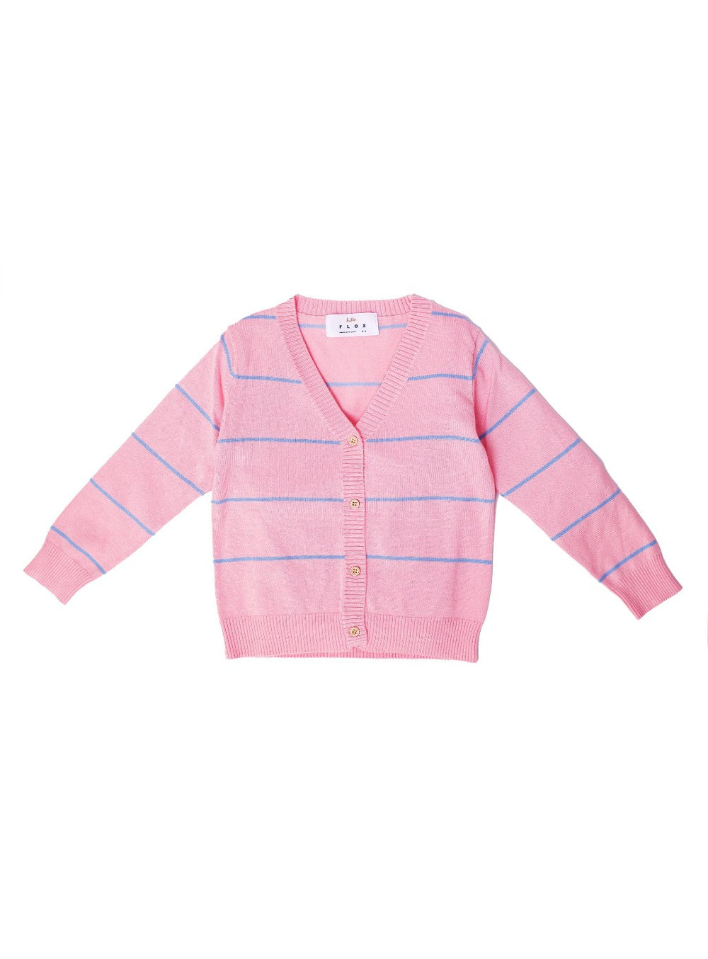 bubblegum pink cardigan with powder blue stripes