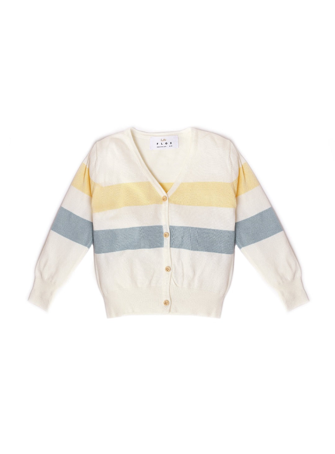 linen white cardigan with yellow and blue stripe