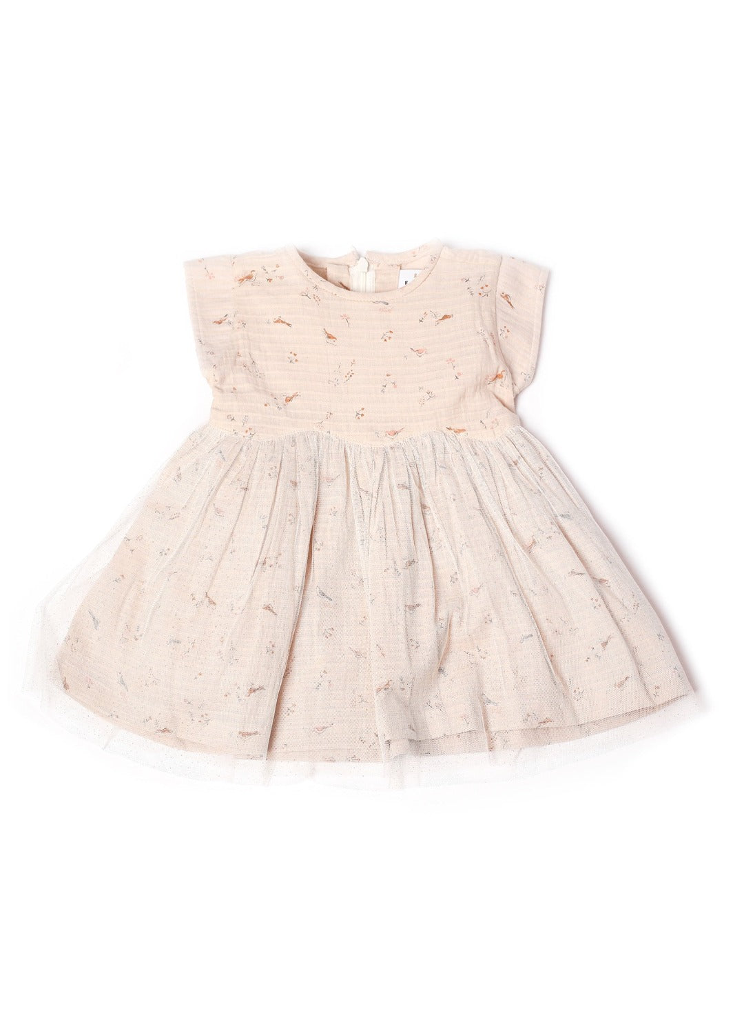 almond milk dress with cute birds and tulle