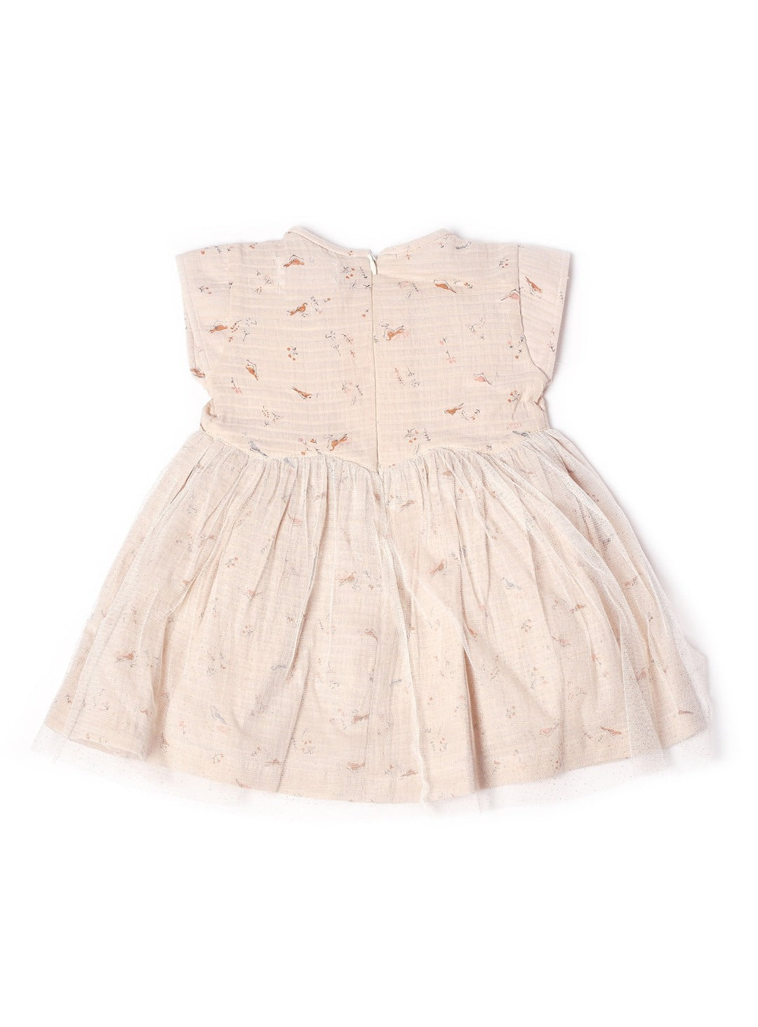 almond milk dress with cute birds and tulle