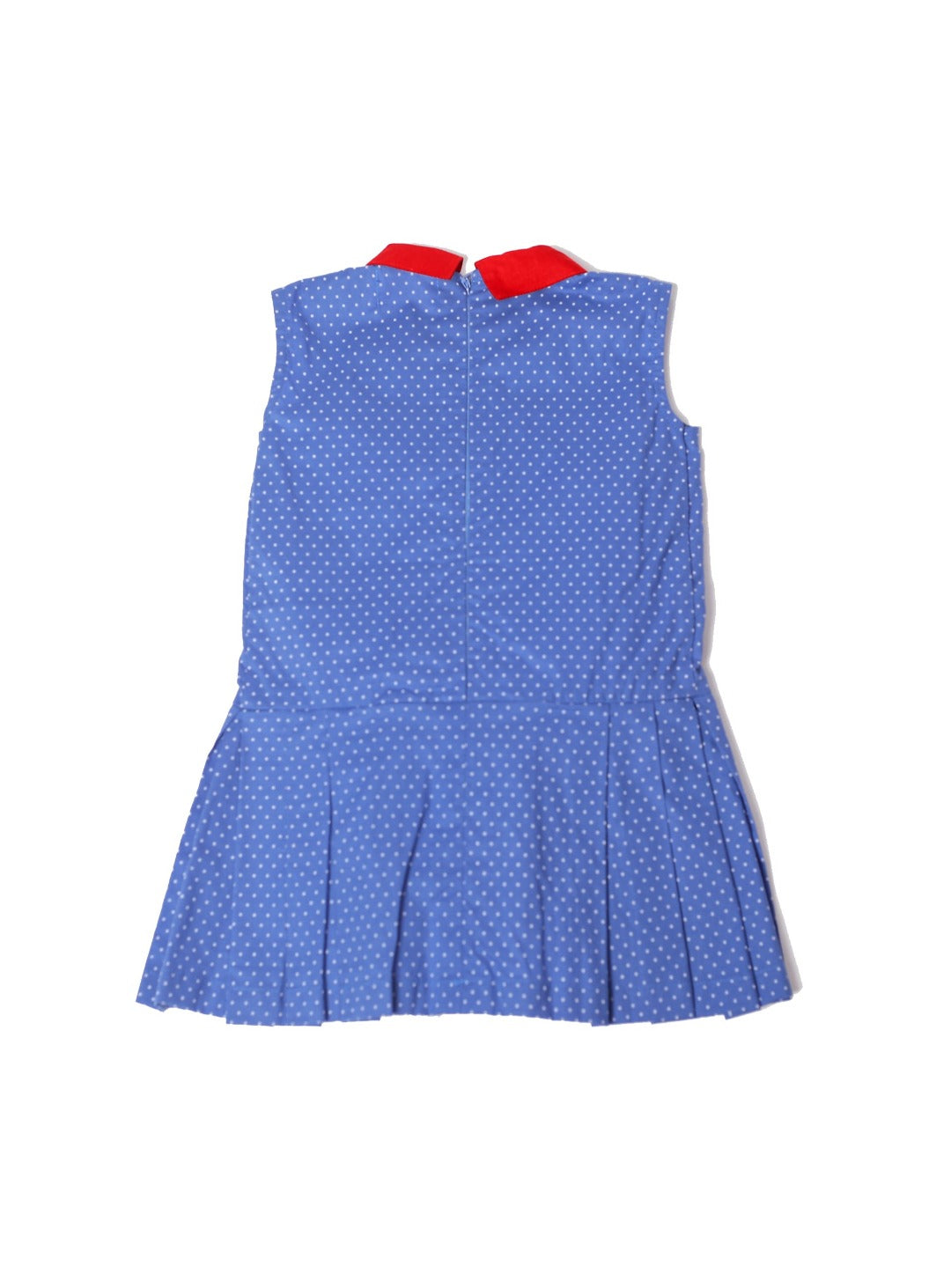 royal blue dress with contrasting red collar