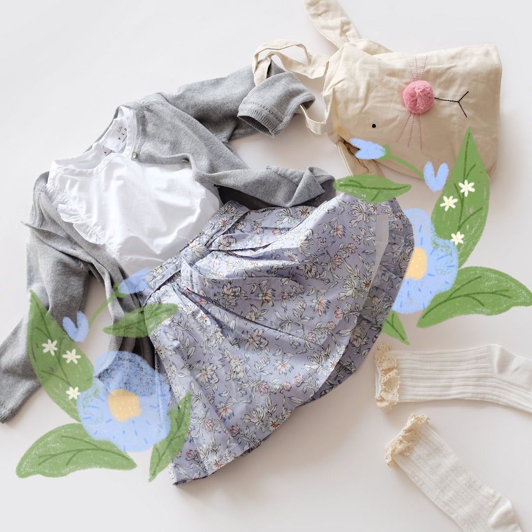 teapot blue skirt with idyllic flowers pattern