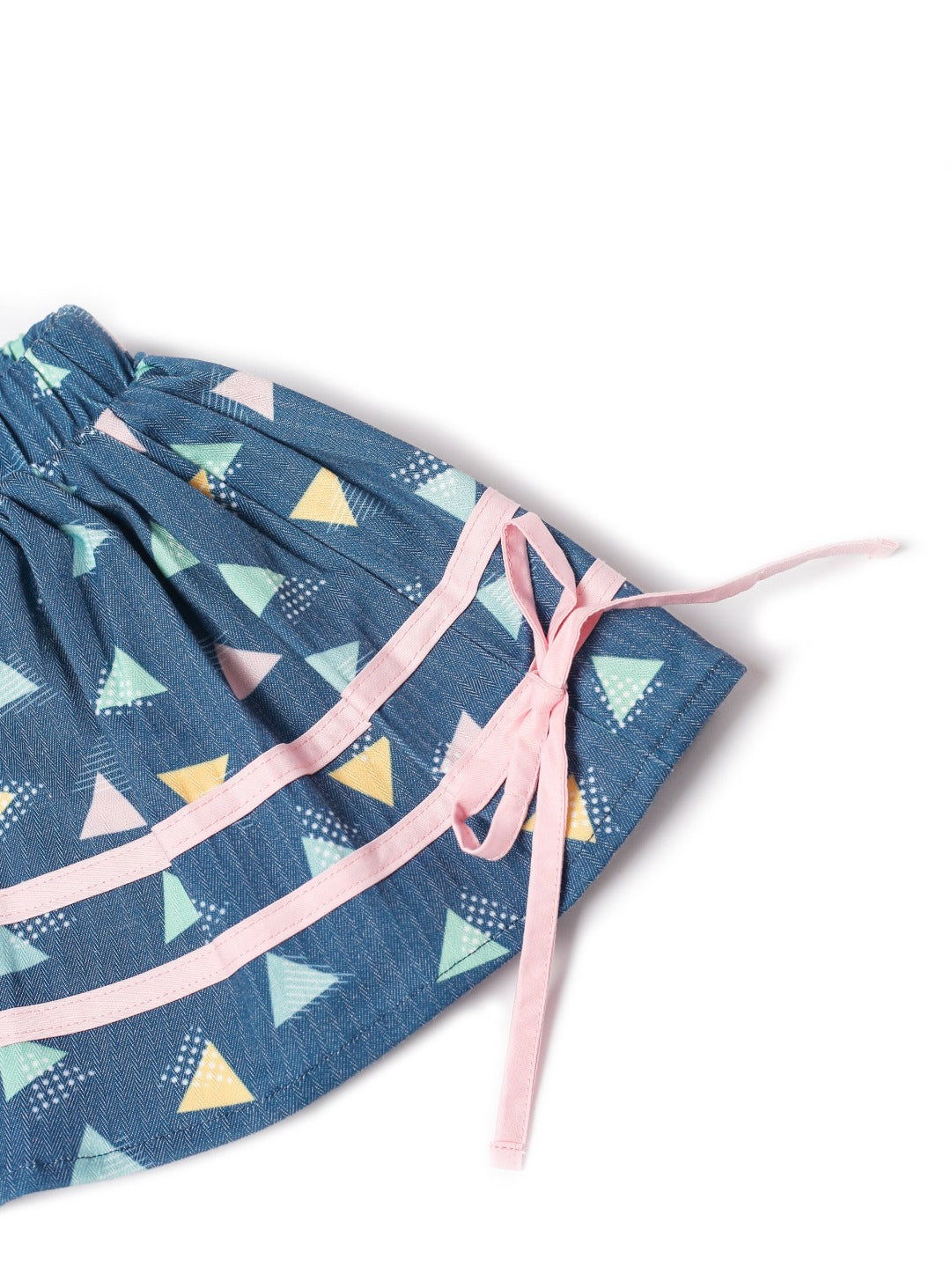 blue denim skirt with colourful triangle pattern