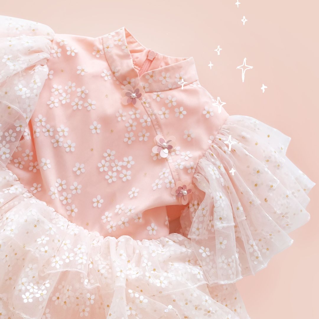 sparkly peach bloom puff dress