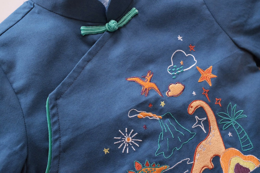 dinosaurs embroidered cool blue raptor cheongsam