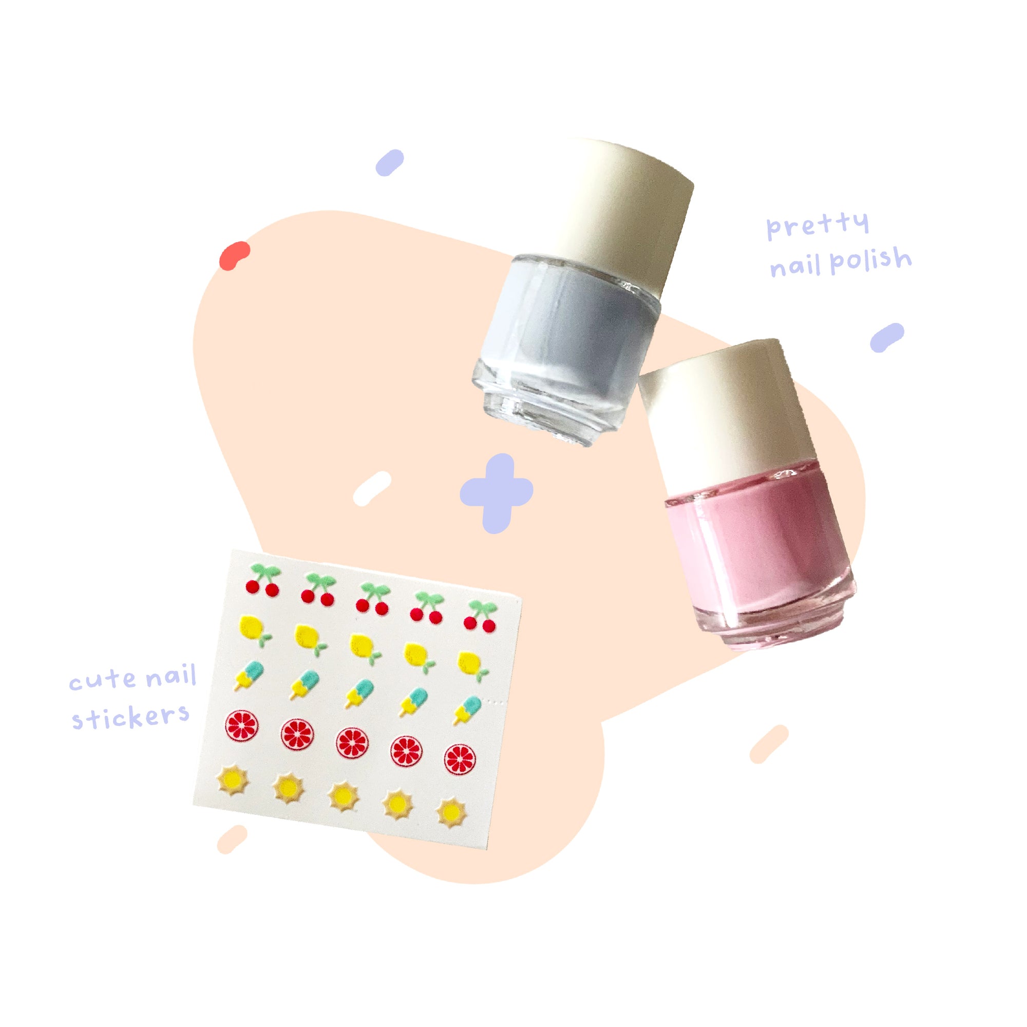 beauty kit - fruits nail sticker with pink and powder purple nail polish